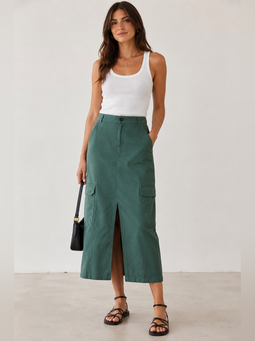 Zara Sage Green Cargo Midi Skirt Utility Pockets Front Slit NWT Size Small